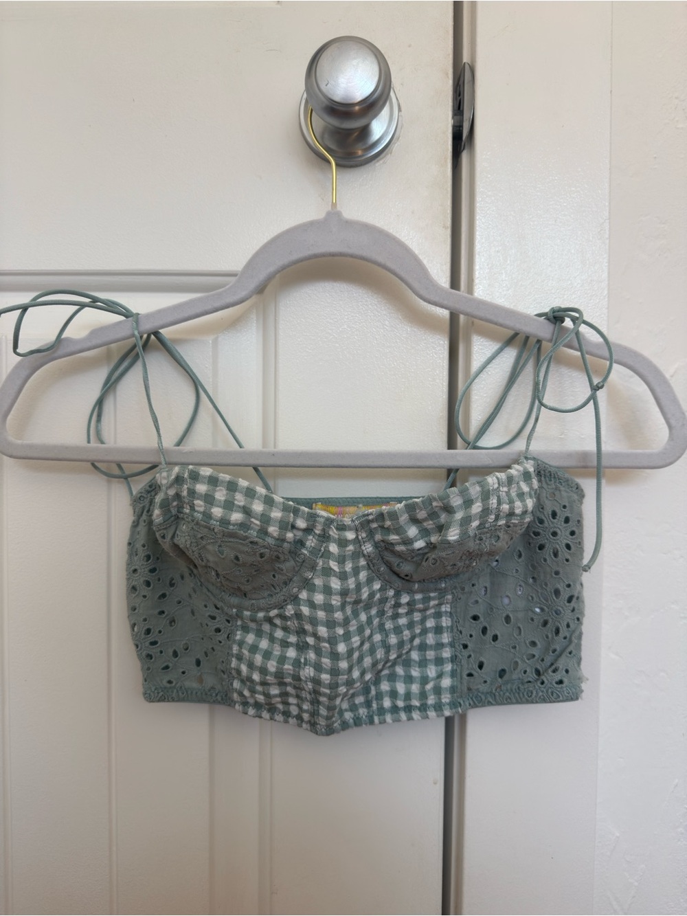 Urban Outfitters Green Gingham Eyelet Tie-Strap Crop Top